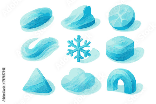 Winter Icon Set. Abstract Winter modern flat icon set: cool color palette, sweeping brushstrokes, ice patterns, blended blues and whites, geometric snowflakes, textured canvas,