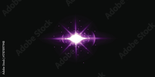 Bright star glare purple star. Light flare effect.Bright gold laser light beams create a glowing starburst effect against a dark background, Glow light effect, Starburst with sparkles.