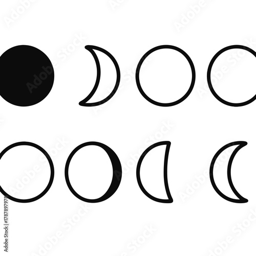 Lunar Phases Icons. Lunar Cycle Set outline icon set: new moon, waxing crescent, first quarter, waxing gibbous, full moon, waning gibbous, last quarter, waning crescent.