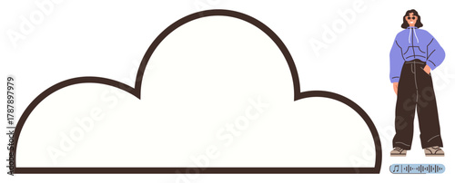 Stylish woman in casual outfit next to minimal cloud outline. Ideal for technology, digital data, cloud storage, creativity, innovation, personal branding, simple flat metaphor