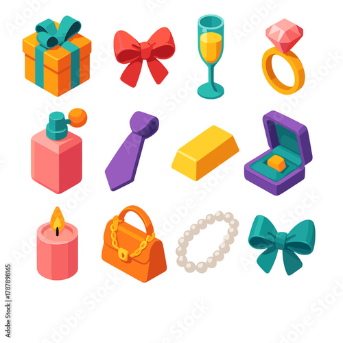 Luxury Gift Icons. Glamorous Gift Ensemble modern flat icon set: wrapped gift, satin ribbon, champagne glass, diamond ring, perfume bottle, silk tie, gold foil, jewelry box, candle