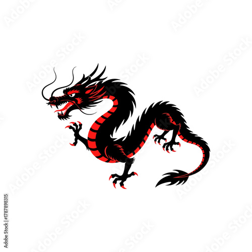 Dynamic black and red mythical dragon illustration, detailed oriental fantasy creature, powerful traditional design