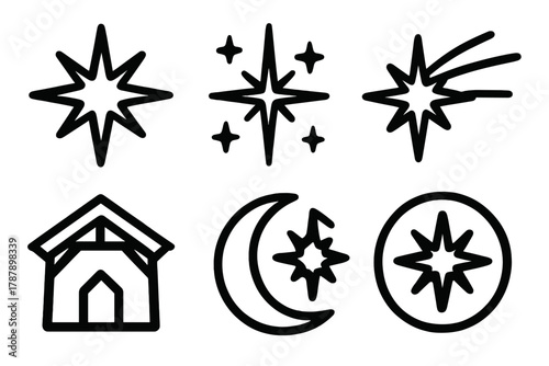 Brutalist Christmas Icon Set. Christmas Star bold vector icon set: luminous star, twinkling sky, light trail, stable outline, moon, soft glow.
