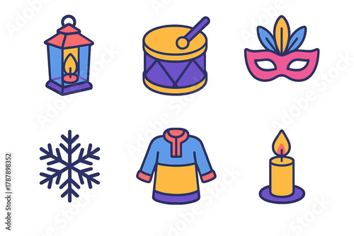 Winter Cultural Icons. Cultural Winter Celebration modern flat icon set: lantern, drum, festive mask, snowflake, traditional costume, candle.