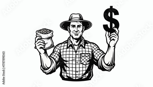 Farmer proudly holds bag of seeds and dollar sign symbolizing agricultural profit and investment success