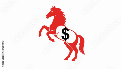 Majestic red horse rearing with bold dollar sign emblem symbolizing wealth and financial power