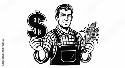 Smiling farmer holds dollar sign and fresh corn cob symbolizing agricultural profit and harvest success
