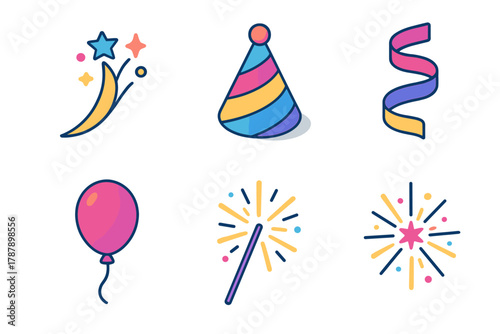 Isometric Celebration Icons. Colorful Celebration modern flat icon set: firework trail, party hat, ribbon swirl, balloon, sparkler, glitter burst.