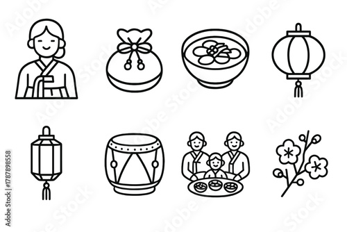 Seollal Festival Symbols. Seollal Festival outline icon set: hanbok, gift pouch, rice cake soup, folding fan, lantern, drum, family meal, plum blossom.