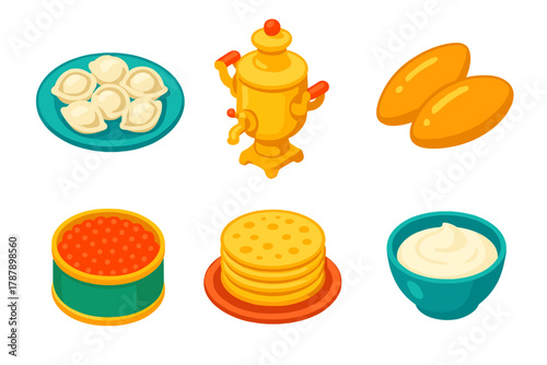 Russian Culinary Icons. Russian Festive Cuisine modern flat icon set: pelmeni, samovar, pirozhki, caviar tin, blini, sour cream bowl.
