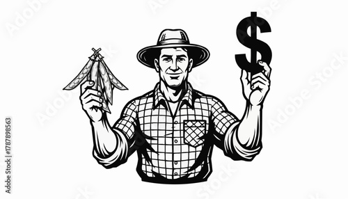 Farmer proudly displays fresh peas and dollar sign symbolizing agricultural profit and success