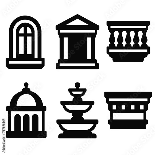 Brutalist Renaissance Icons. Renaissance Facades bold vector icon set: arched window, columned entry, ornate balcony, dome roof, fountain base, cornice detail.