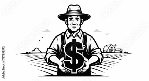 Successful farmer proudly displays dollar sign in fertile fields beside barn, symbolizing agricultural prosperity