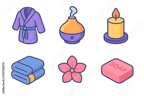 Spa Icon Set. Relaxing Spa modern flat icon set: bathrobe, diffuser, candlelight, soft towel, flower petal, soap.