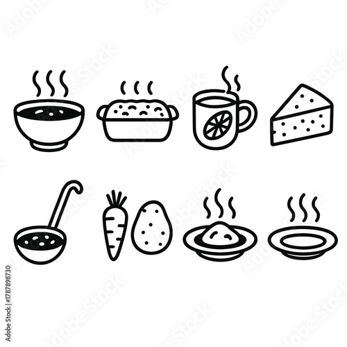 Winter Comfort Foods. Winter Comfort Recipes outline icon set: soup bowl, baked casserole, mulled wine cup, cornbread slice, stew ladle, carrot and potato, warm plate, cozy steam.