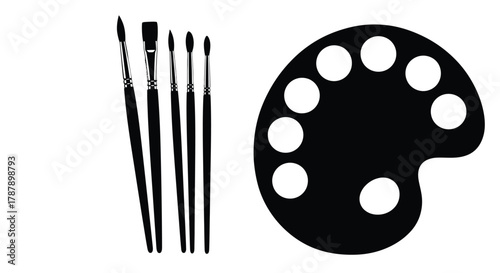 Black and white illustration of paintbrushes and a paint palette