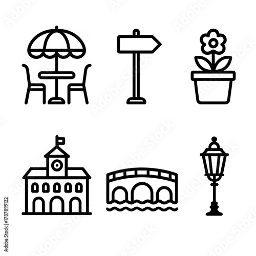 European Iconic Outlines. European Old Squares outline icon set: cafe table, street sign, flower pot, town hall, arch bridge, lantern pole.