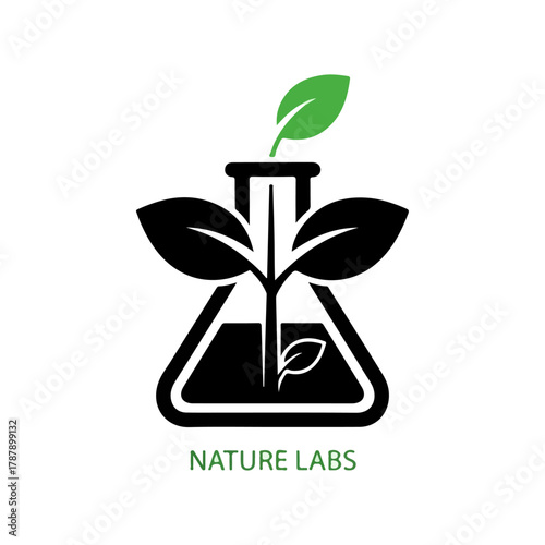 Minimalist plant growing inside science laboratory flask, biology experiment nature research icon, green leaf seedling illustration