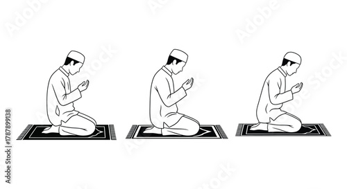 Three men in prayer kneeling on mats in a simple black and white illustration