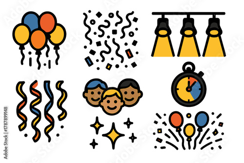 Festive Icon Extravaganza. Balloon Drop Moment bold vector icon set: dropping balloons, confetti shower, stage lighting, celebration timer, colorful ribbons, smiling crowd, sparkle