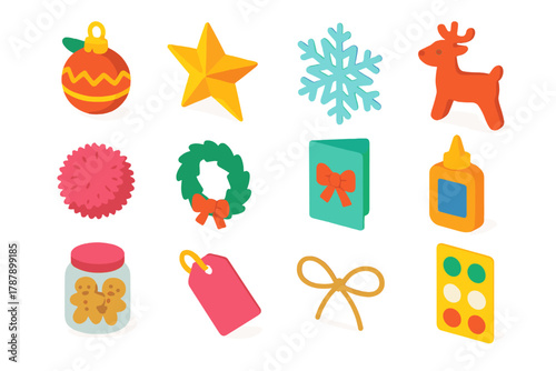 Holiday Craft Icons. Holiday Craft Gifts modern flat icon set: handmade ornament, paper star, snowflake cutout, felt reindeer, pom-pom, mini wreath, card with bow, glue bottle,