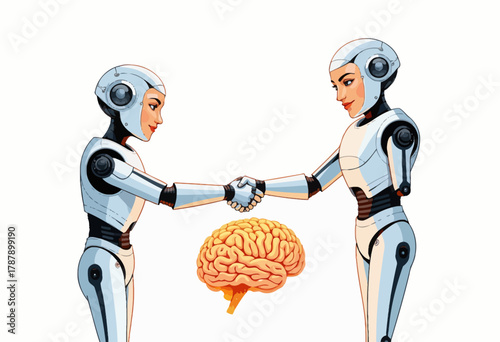 Futuristic Collaboration Between Two Humanoid Robots Symbolizing Artificial Intelligence and Digital Innovation in a Modern Technological Context