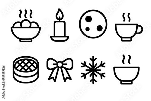 Winter Solstice Icons. Winter Solstice Celebration outline icon set: steaming tangyuan, candle flame, full moon, tea cup, bamboo steamer, festive ribbon, snowflake, warm bowl.