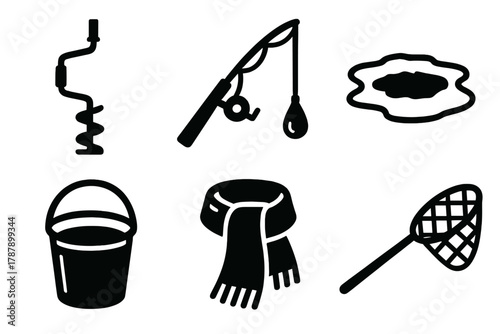 Snowy Lake Icons. Snowy Lake Activity bold vector icon set: ice auger, fishing rod, frozen surface, bucket, scarf, net.