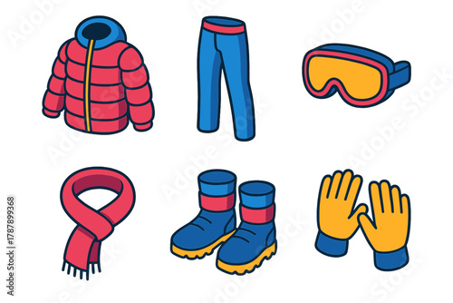 Colorful Mountain Gear Icons. Mountain Wear modern flat icon set: puffer jacket, waterproof pants, goggles, scarf, snow boots, gloves.
