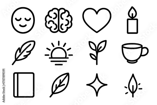 Symbols of Calmness. Emotional Health Set outline icon set: calm face, brain, heart, candle flame, feather, sunbeam, plant, tea cup, notebook, leaf, sparkle, gentle light.
