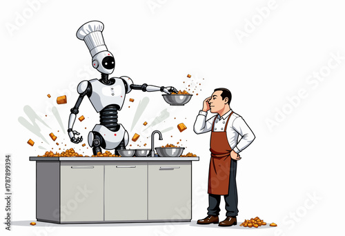 Chef Robot Demonstrates Culinary Skills in Modern Kitchen as Human Chef Observes Amidst Cooking Chaos and Spilled Ingredients