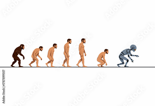 Illustration of Evolutionary Journey from Ancient Primate to Modern Human and Beyond to Futuristic Robotics Depicting Technological Progression
