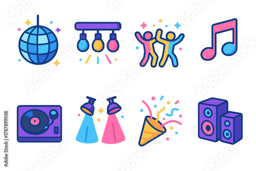 Party Icons Collection. Party Vibes modern flat icon set: disco ball, colorful lights, dancing crowd, music notes, DJ turntable, strobe beams, confetti burst, speaker set.