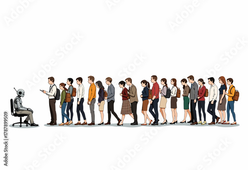 Line of people patiently waiting to interact with seated humanoid robot, showcasing future of human-robot collaboration in service and information exchange