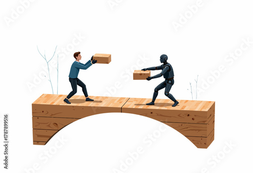 Human and Robot Collaboration on Wooden Bridge Exchanging Boxes in Conceptual Art of Technology and Communication