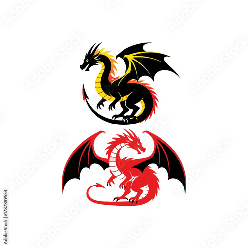Stylized dragon vector illustration, powerful mythical creature, fantasy legend symbol, fierce emblem design