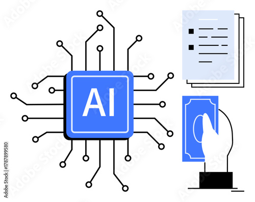 AI chip with neural connections linked to document organization and digital payment. Ideal for finance, technology, automation, innovation, efficiency, data processing, digital tools, simple flat