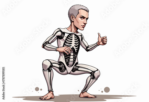 Illustration of Human Skeleton in Action Pose with Detailed Anatomy and Unique Artistic Style Showcasing Musculature and Bone Structure