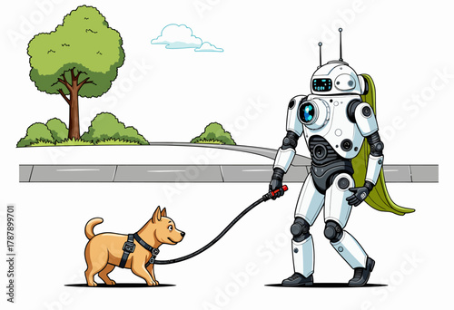 Futuristic Robot Walking a Happy Dog in a Serene Park Setting with Lush Trees and Clear Skies