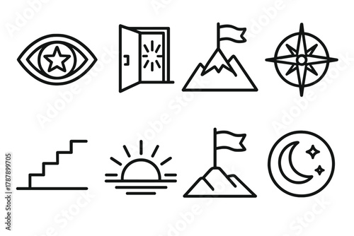 Path to Success. Motivational Vision outline icon set: eye with star, open door to light, mountain ascent, compass rose, success flag, upward stairs, sunrise glow, dream circle.