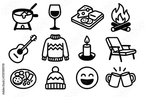 Icônes d'Après-Ski. Après-Ski Moments outline icon set: fondue pot, wine glass, cheese board, fire pit, acoustic guitar, cozy sweater, candlelight, lounge chair, snack plate, wool