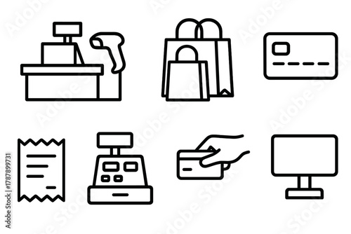 Retail Checkout Icons. Retail Checkout Scene outline icon set: cashier counter, shopping bags, barcode scanner, credit card, receipt, cash register, customer hand, display screen.