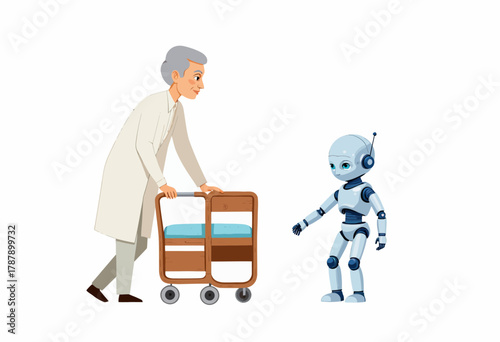 Doctor interacting with humanoid robot in a clinical setting demonstrating advanced technology and artificial intelligence used for healthcare support