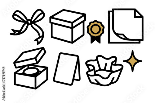 Brutalist Luxury Icons. Luxury Unboxing Scene bold vector icon set: ribbon being untied, elegant box lid, tissue layers, gold seal, product reveal, thank you card, soft packaging,