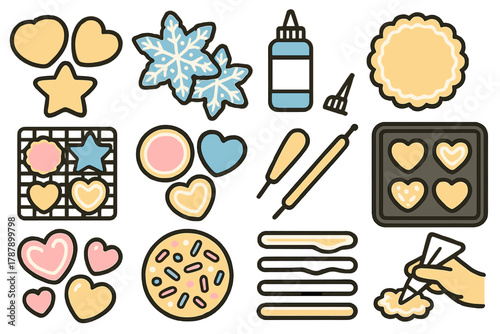Brutalist Cookie Icons. Cookie Icing Art bold vector icon set: sugar cookies, snowflake patterns, royal icing bottle, detailed edges, drying rack, pastel glaze, dotting tool,
