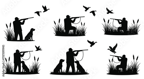 Silhouette hunters with dogs aiming rifles amidst tall reeds and flying birds