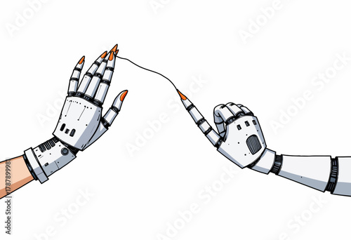 Futuristic Connection Between Two Robotic Hands Symbolizing Technology and Human Interaction with a Thread Representing Connection