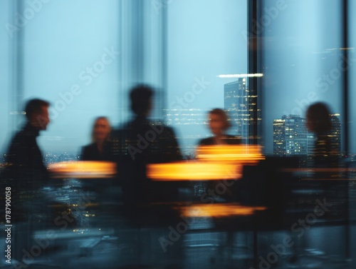 Blurred business people meeting in office with city view and warm light creating dynamic motion atmosphere
