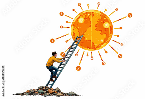 Surreal Illustration of a Man Climbing a Ladder Towards a Vibrant, Modern Artistic Representation of the Sun Surrounded by Symbols and Numbers