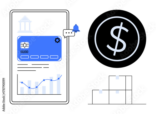 Smartphone app interface with a credit card, analytics graph, notification icon, stacked blocks, and a dollar icon. Ideal for finance, banking, investing, economy payment fintech wealth